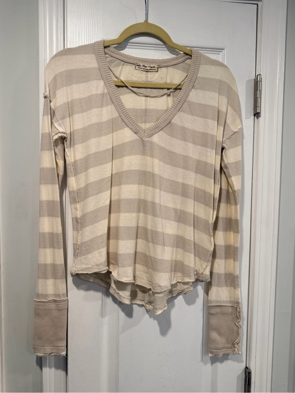 NWOT Free People We The Free Size XS Tan Cream Striped Thermal Knit V Neck Top